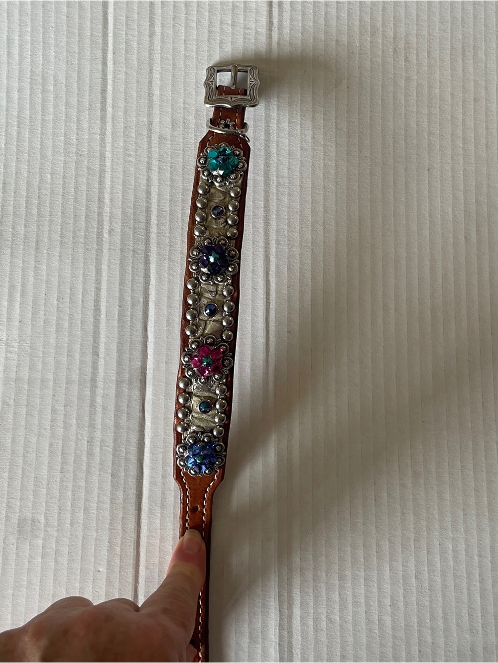 Dog Collar Embellished Brown Leather with Multicolor Stones